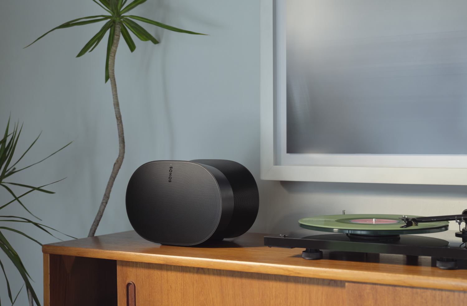 Sonos Era 300 speaker in black connected to a turntable on a sideboard. A plant can be seen in the corner with a window behind.