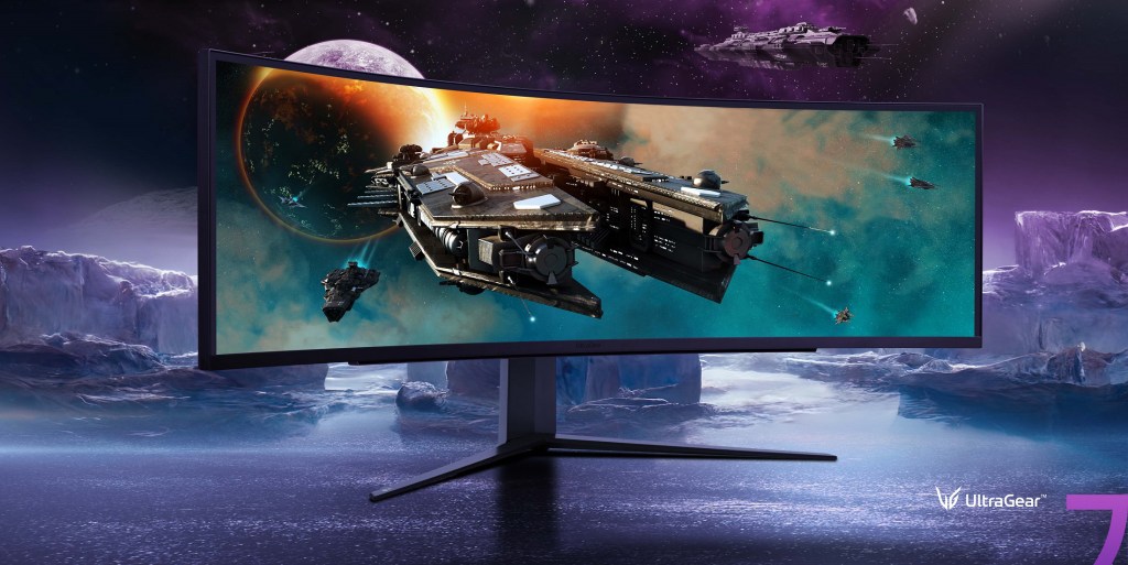LG 49-inch UltraGear monitor in front of gaming graphic