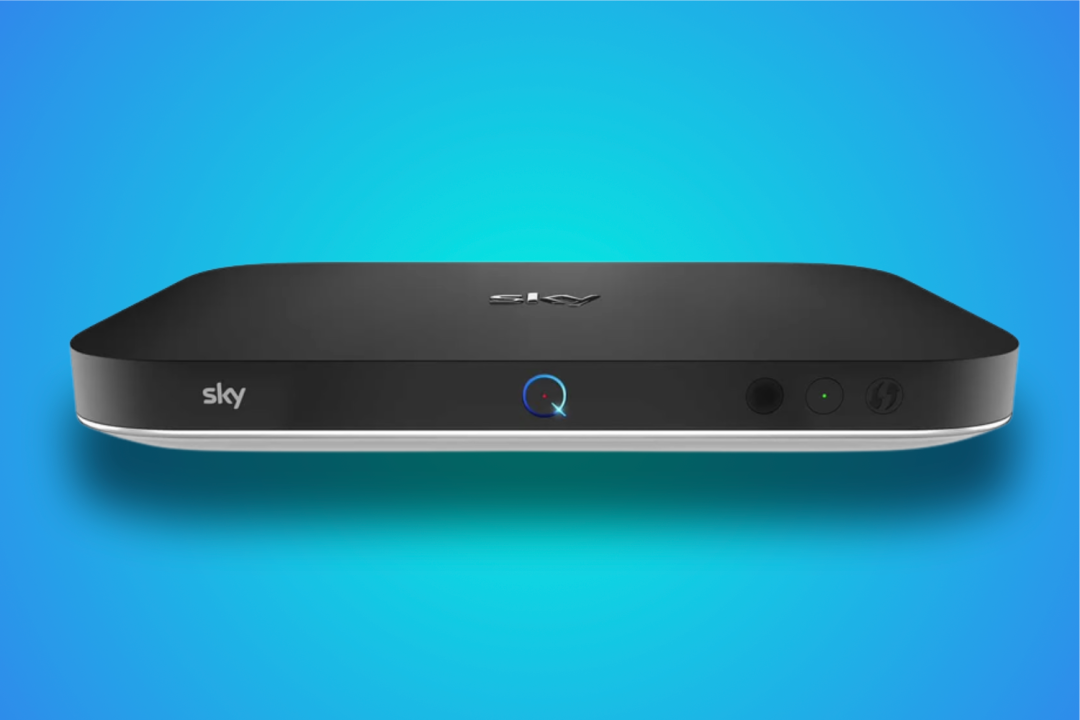 Sky Q box in front of blue background