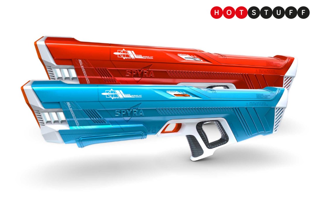 A pair of blue and red water guns on a white background