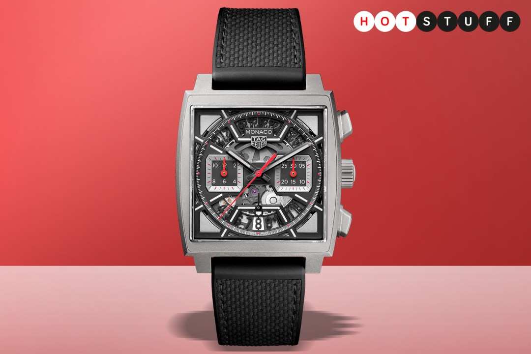 TAG Heuer Monaco with a skeleton dial on a red gradient background.