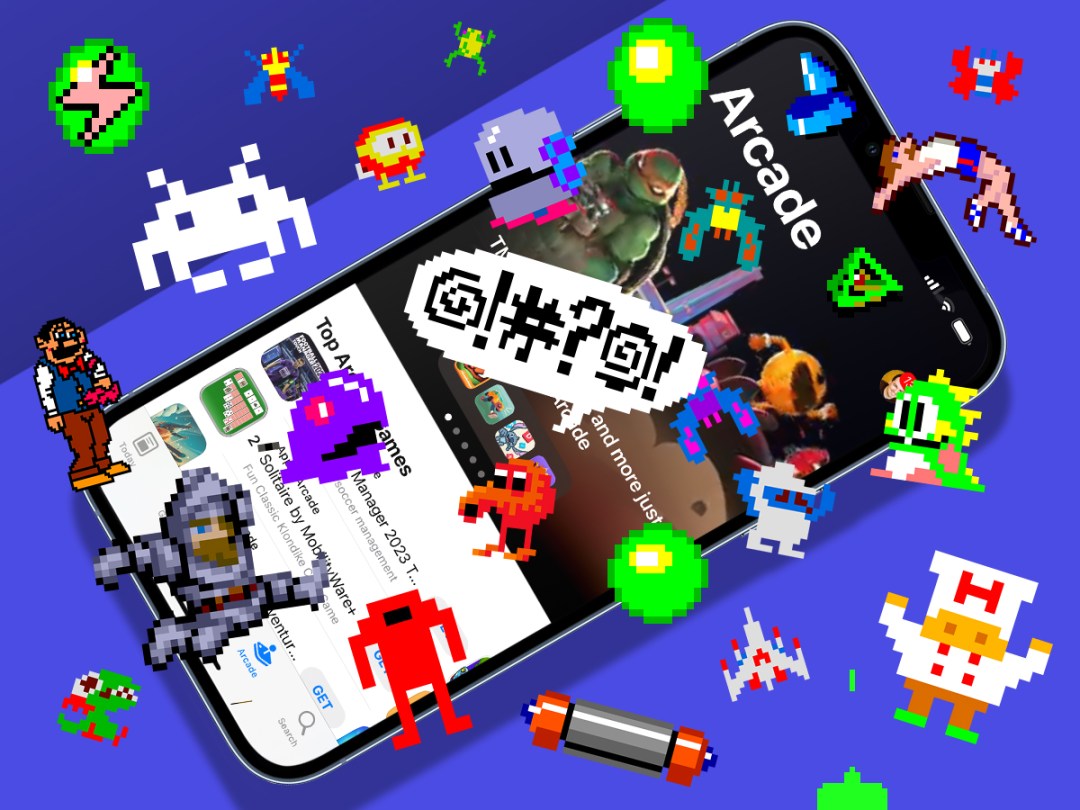 Apple Arcade on iPhone with retro-gaming characters exploding from the screen
