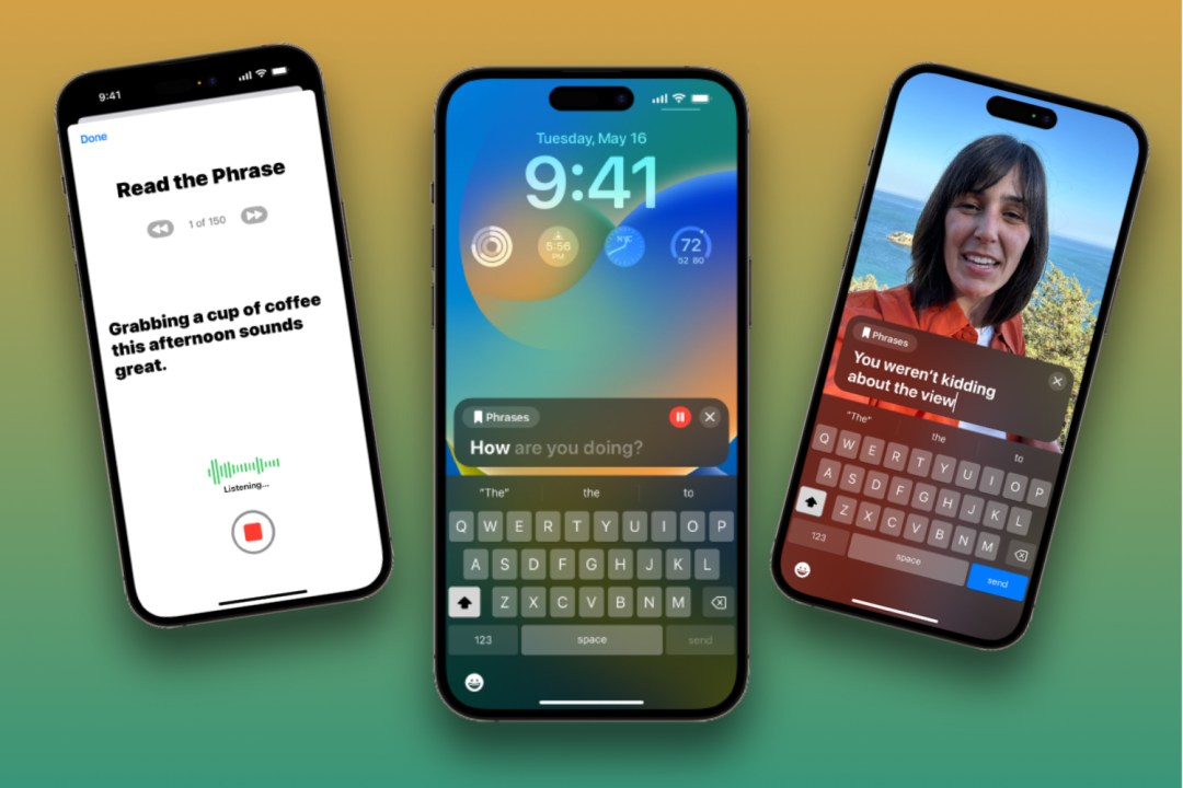 Screenshots of Personal Voice being used in iPhone against green and orange background