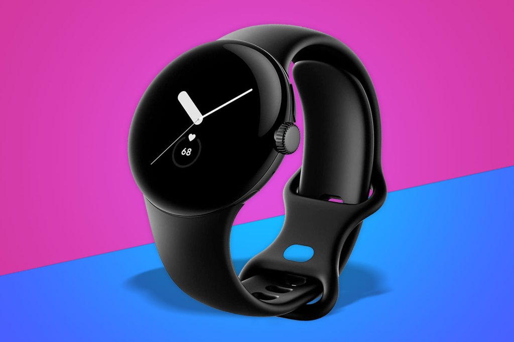 Google Pixel Watch on a pink and blue background