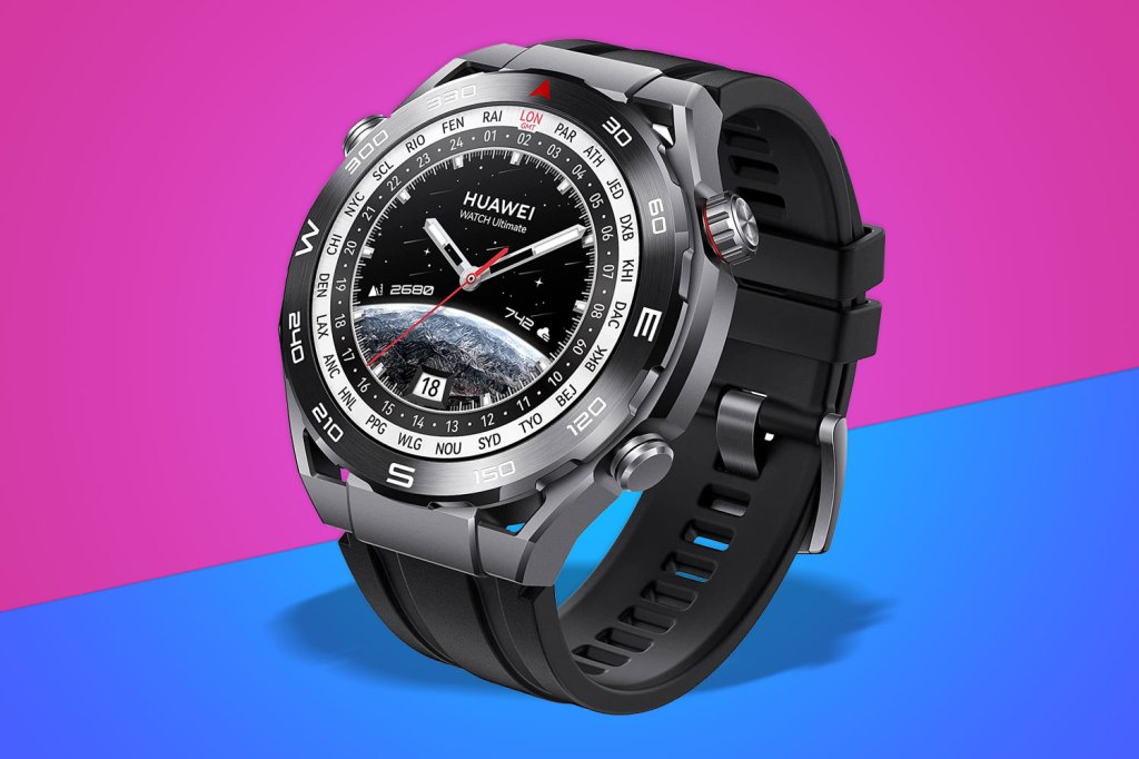 Huawei Watch Ultimate on a pink and blue background