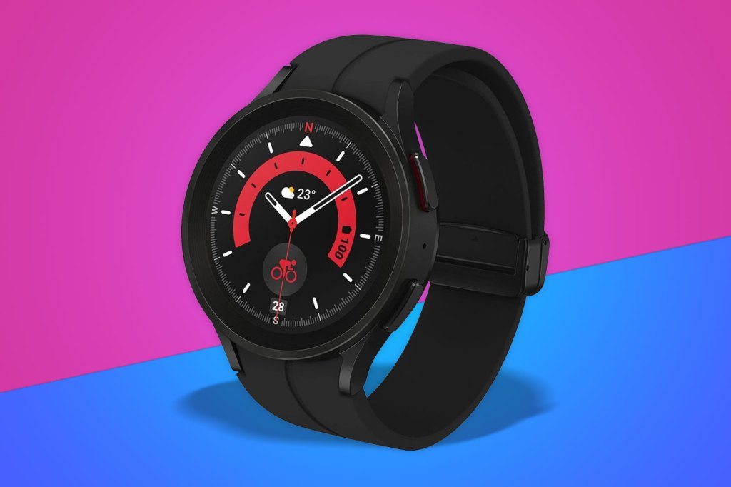 Samsung Galaxy Watch 5 Pro on a pink and blue background