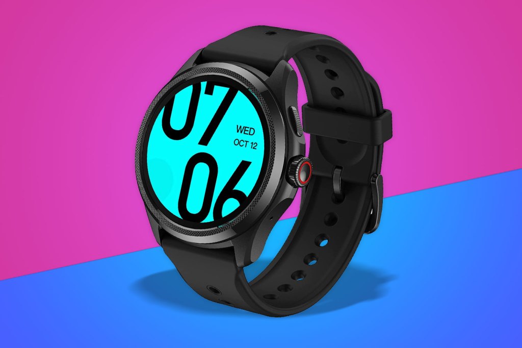 Ticwatch Pro 5 on a pink and blue background