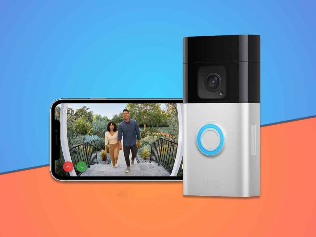 Ring Battery Video Doorbell Plus on a blue and orange background