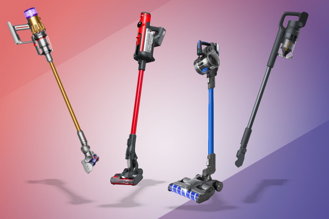 A collection of four of the best vacuum cleaners on a red/purple gradient background