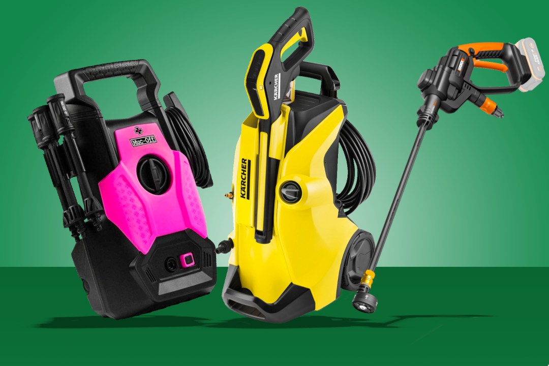 Three of the best pressure washers on a green gradient background