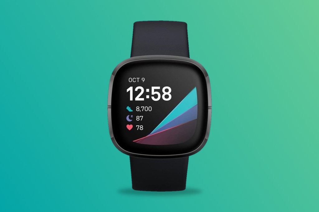 Fitbit Sense on a green and blue background