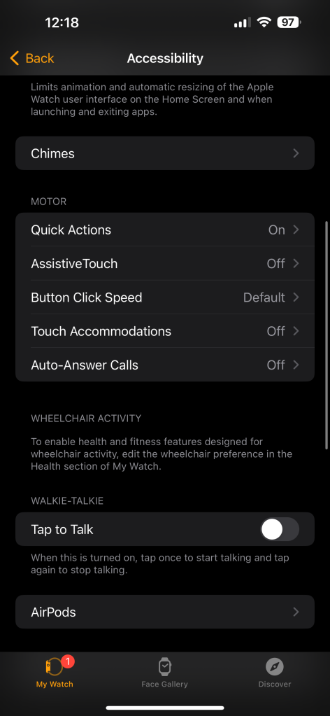 Apple Watch Accessibility Settings on iPhone