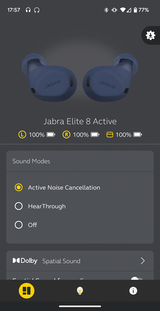 Jabra Elite 8 Active app homescreen