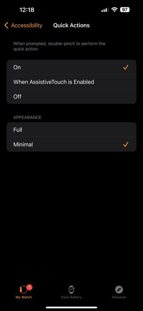 Quick Actions Apple Watch Settings