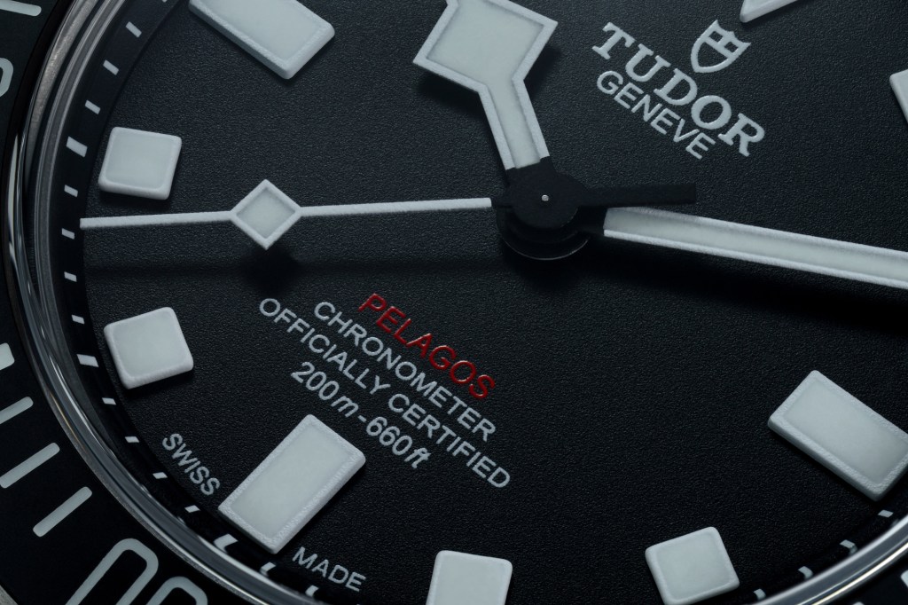 Close up image of the Pelagos FXD black dial