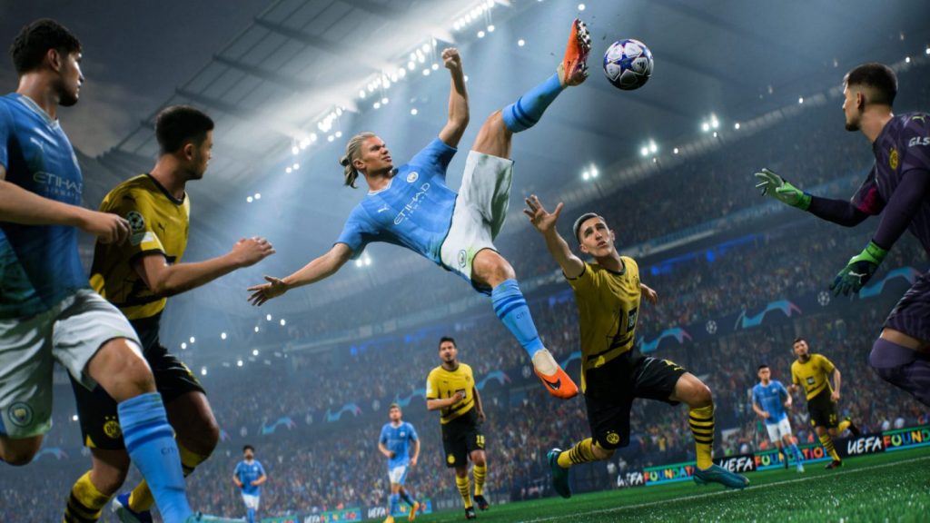 Man City's Erling Haaland scoring a spectacular acrobatic goal against Borussia Dortmund.