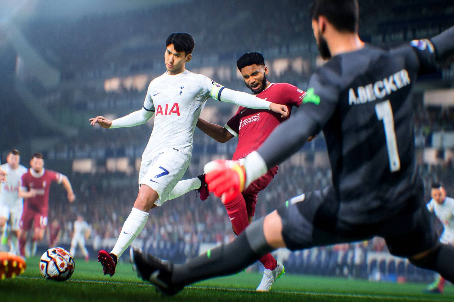 Tottenham's Son lines up a shot against Liverpool's goalkeeper Alisson.