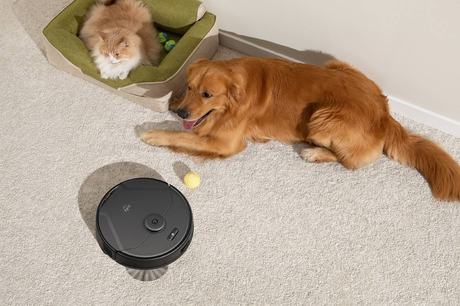 A cat and dog sit with a black Eufy X8 Pro robot vacuum cleaner.