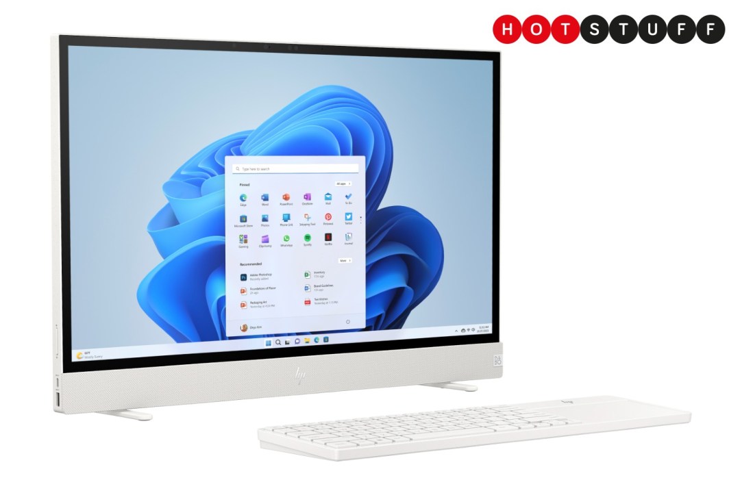 HP Envy Move all-in-one PC with wireless keyboard on a white background.