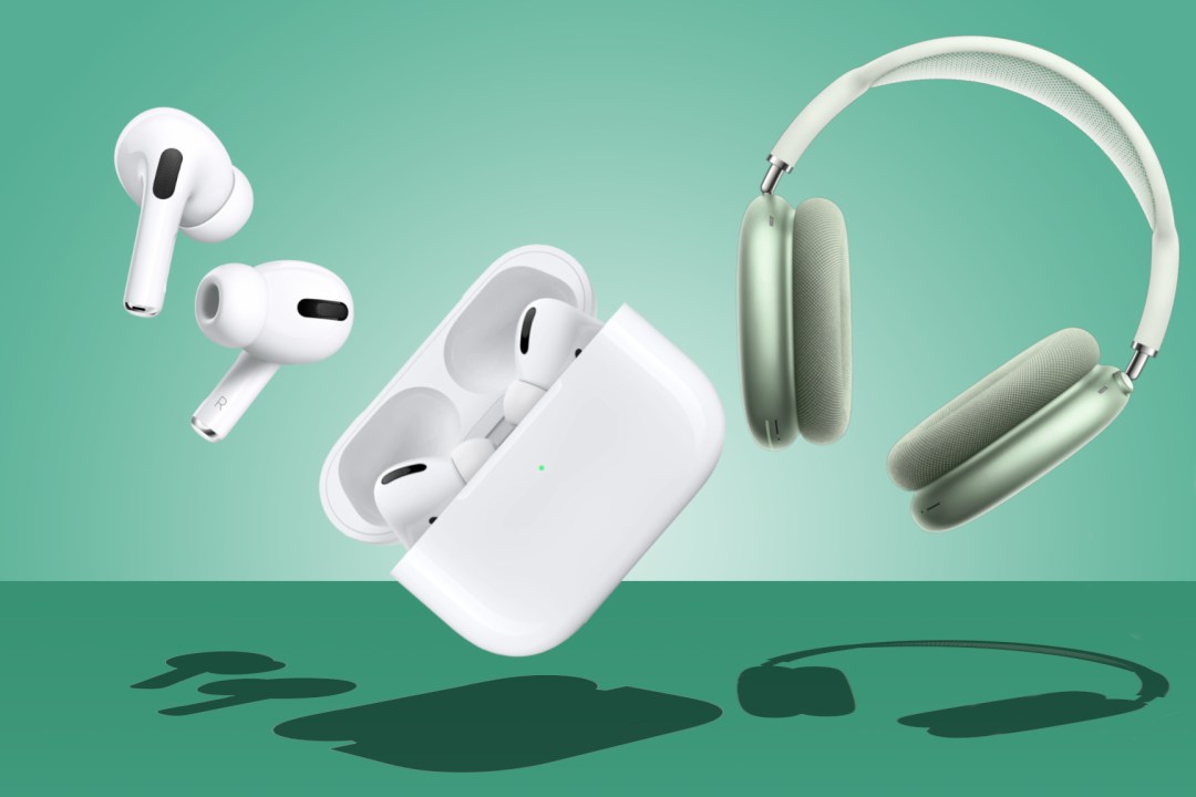 Apple AirPods floating on a green