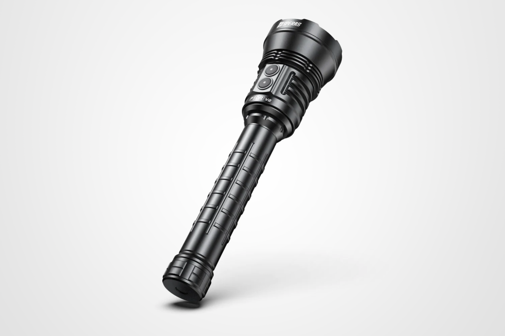 Best torches round-up: SPERAS P10R V2 flashlight pictured on a grey background with a drop shadow.