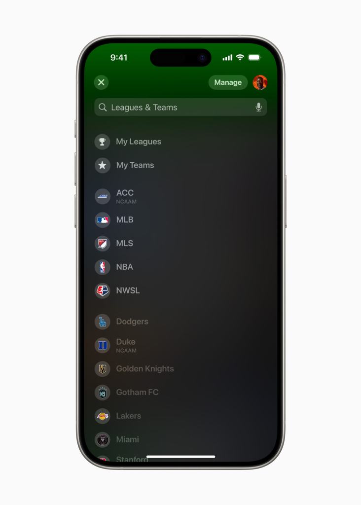 Apple Sports settings page
