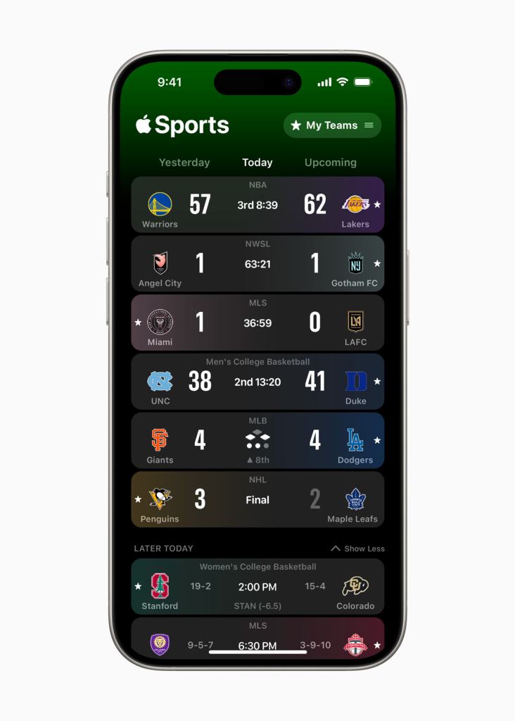 Apple Sports teams page