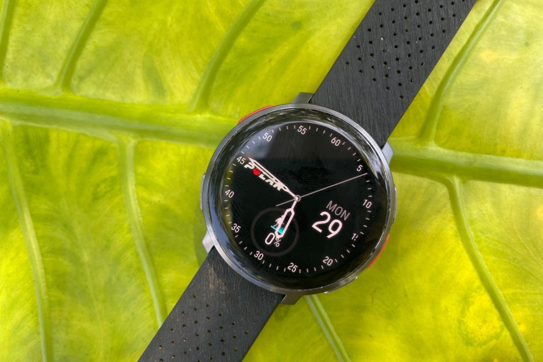 Polar Vantage V3 sports watch on a leaf