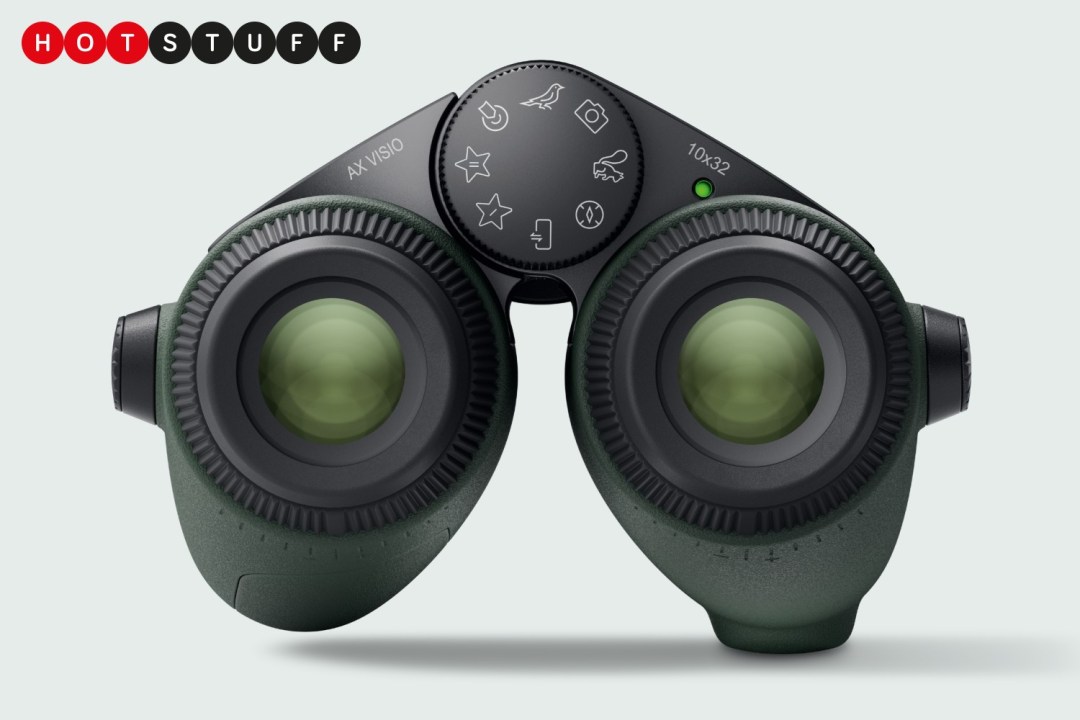 Front-on view of green Swarovski Optik AX Visio binoculars