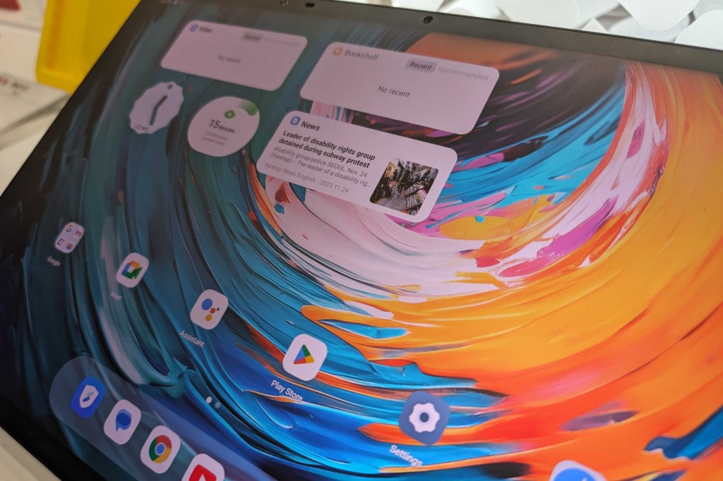 TCL Nxtpaper 14 Pro on a stand at MWC 2024, close up of screen