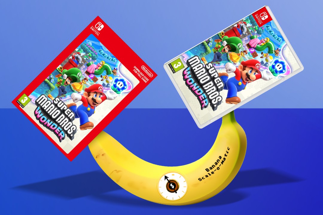 Nintendo game pricing as depicted by a banana weighing scale and the digital version being heavier.