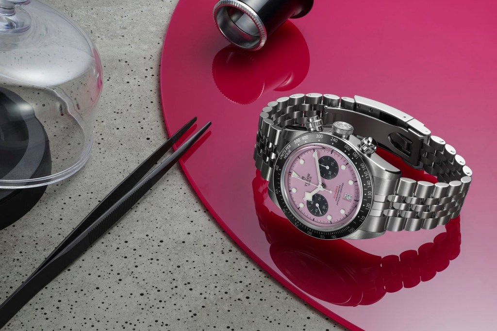 Pink Tudor Black Bay Chrono on a work bench