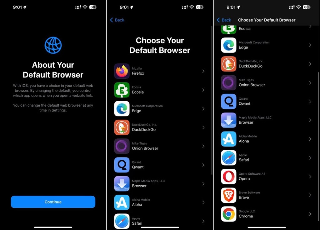 New default browser screens on iPhone