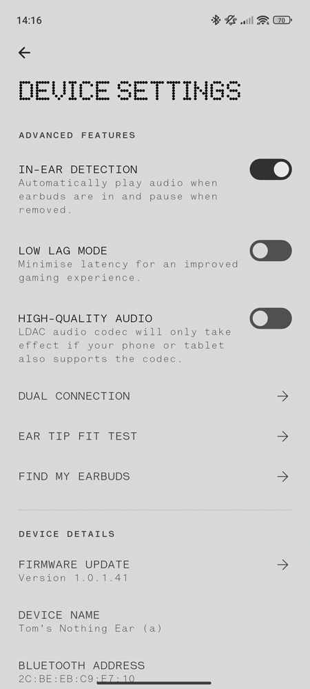 Nothing Ear a review app settings