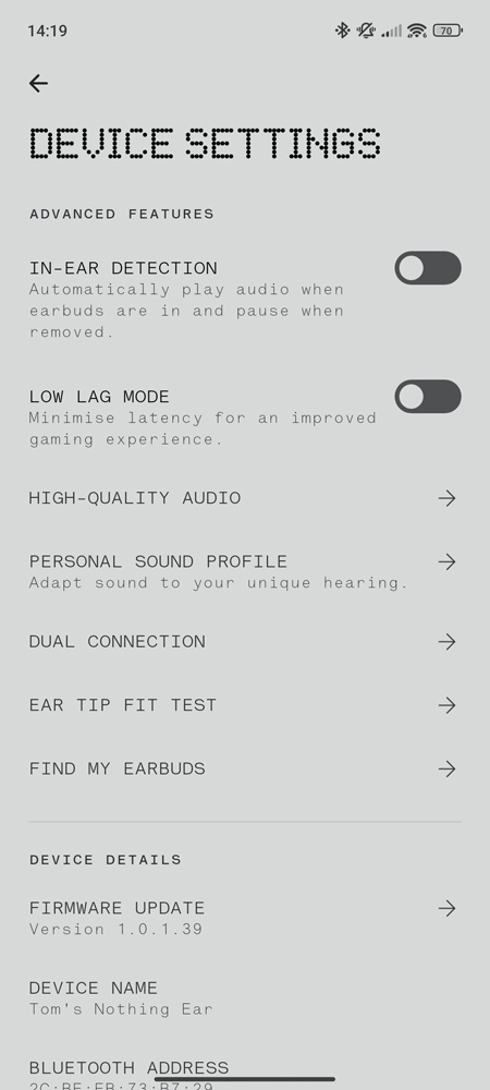 Nothing Ear review app settings