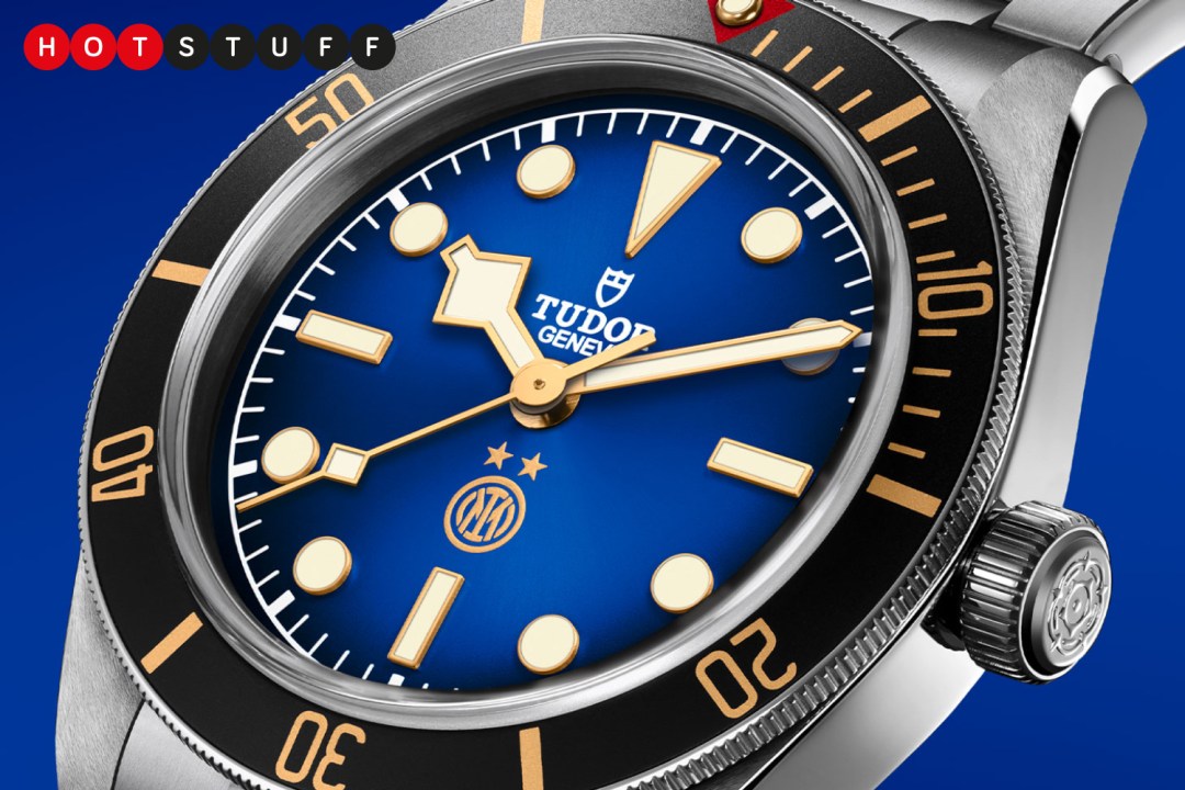 Close up of blue Tudor Black Bay 58 on blue background