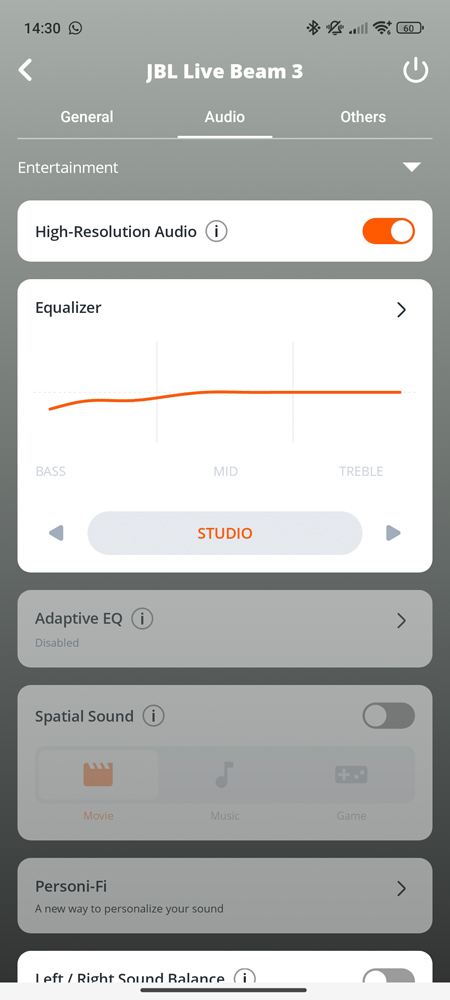 JBL Live Beam 3 review app audio settings