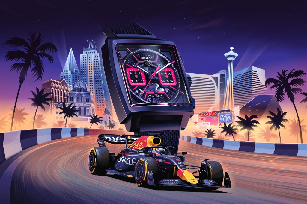 Stylised image of Las Vegas skyline, Red Bull F1 car and the Pink TAG Heuer Monaco Chronograph