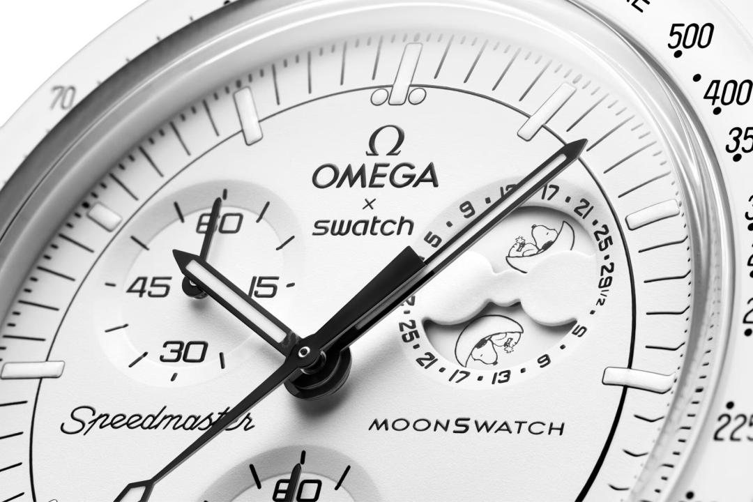 Close up of Swatch MoonSwatch Snoopy dial