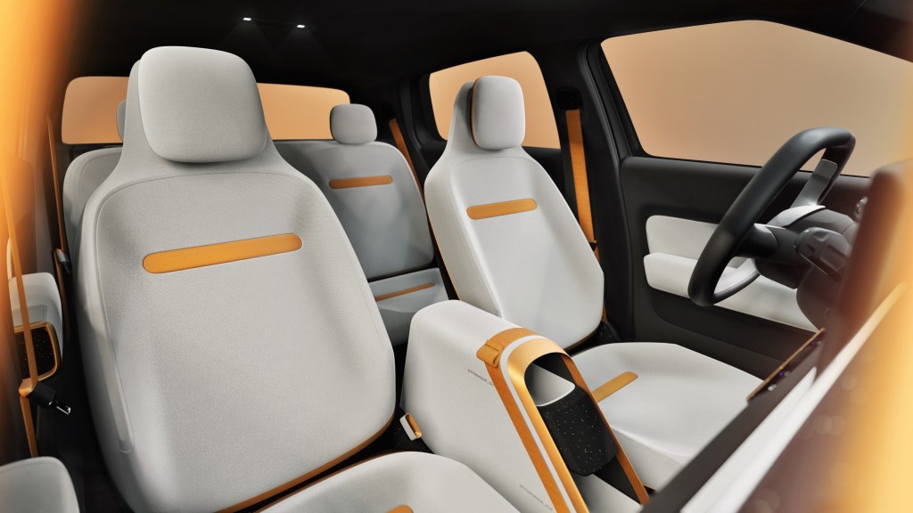 Inside VW ID.EVERY1 affordable electric car, looking at front seats