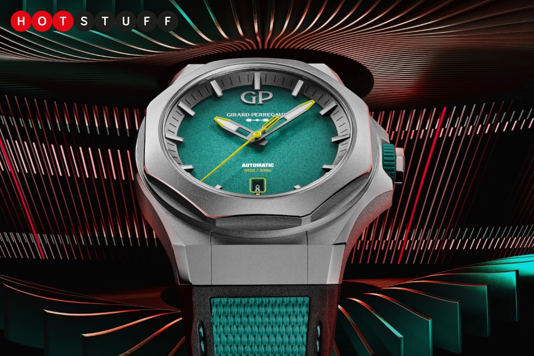Girard-Perregaux Laureato Absolute Aston Martin F1 Edition close up on red background