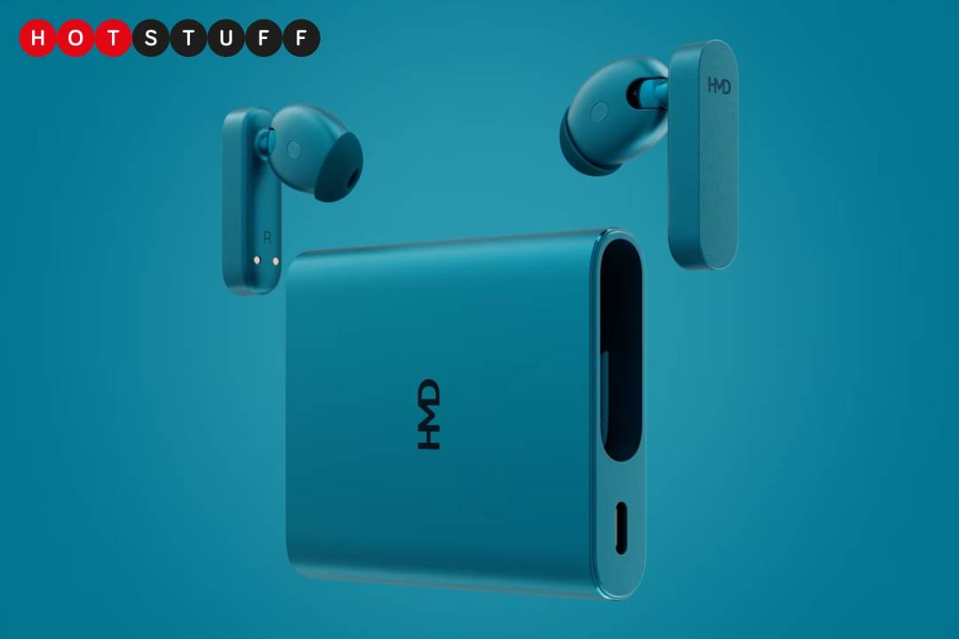A blue pair of HMD Amped Buds floating either side of the charging case. The background is also blue.