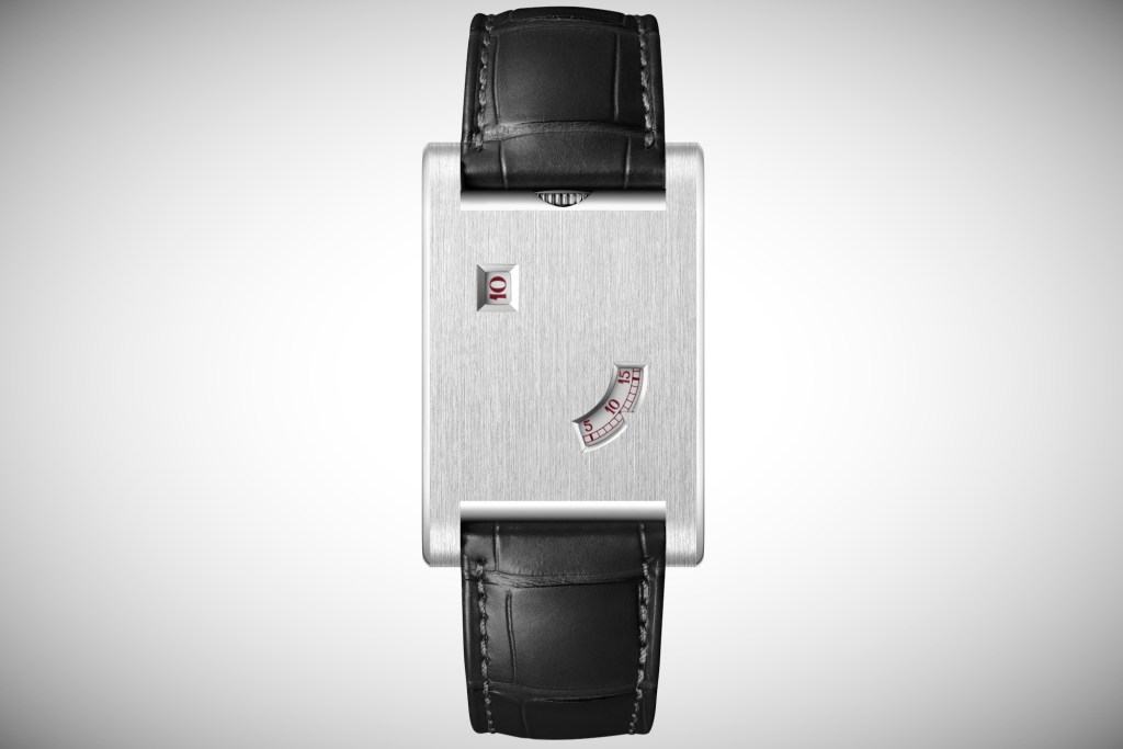 Cartier Tank à Guichets on grey background