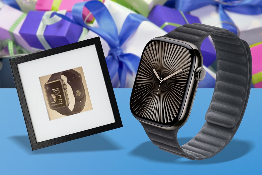 Apple Watch looking at its younger self in a picture frame, with gifts in the background