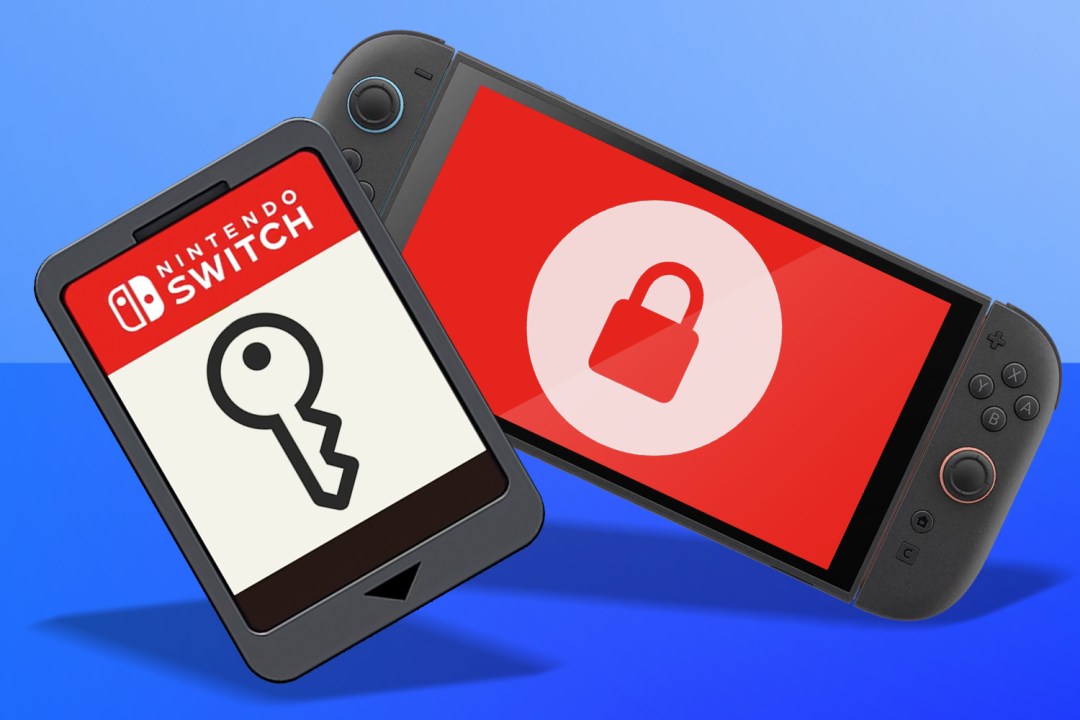 Switch 2 with lock on screen and card that has a key on it