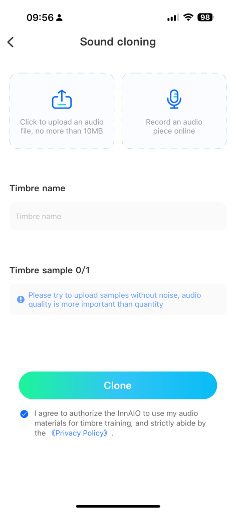 Setting up the voice cloning feature on the InnAIO Translator companion app
