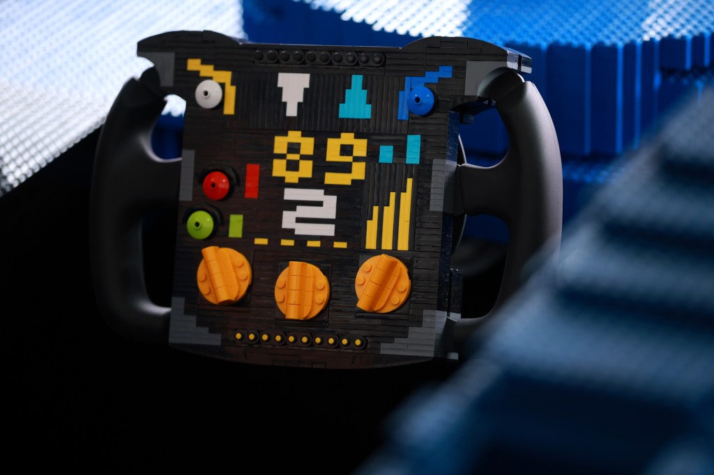 Close up of Lego steering wheel