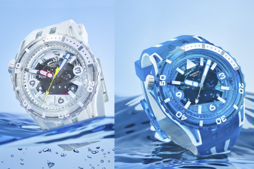 The Swatch Scubaqua dive watch is water resistant and ready for summer