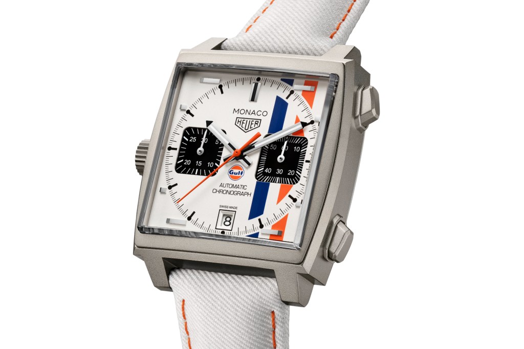 TAG Heuer Monaco Chronograph x Gulf on white background