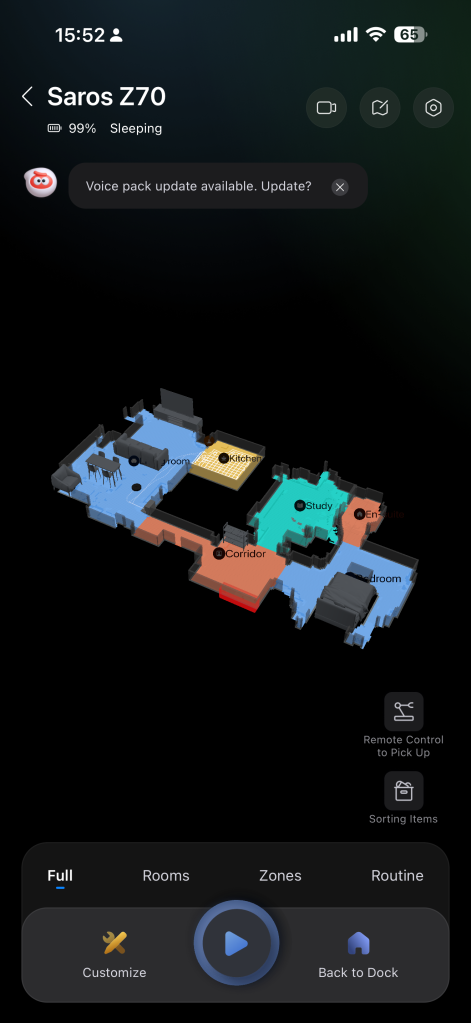 Screenshot of Roborock app map page for Saros Z70